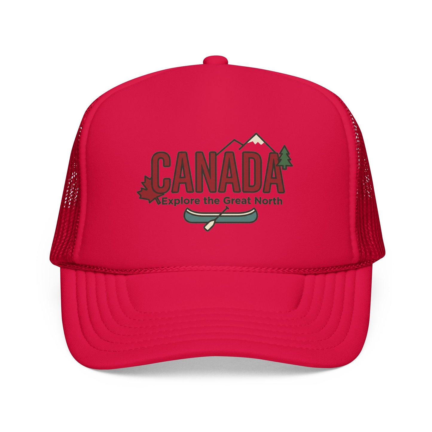 Red foam trucker hat with Canada graphic front and mesh sides.