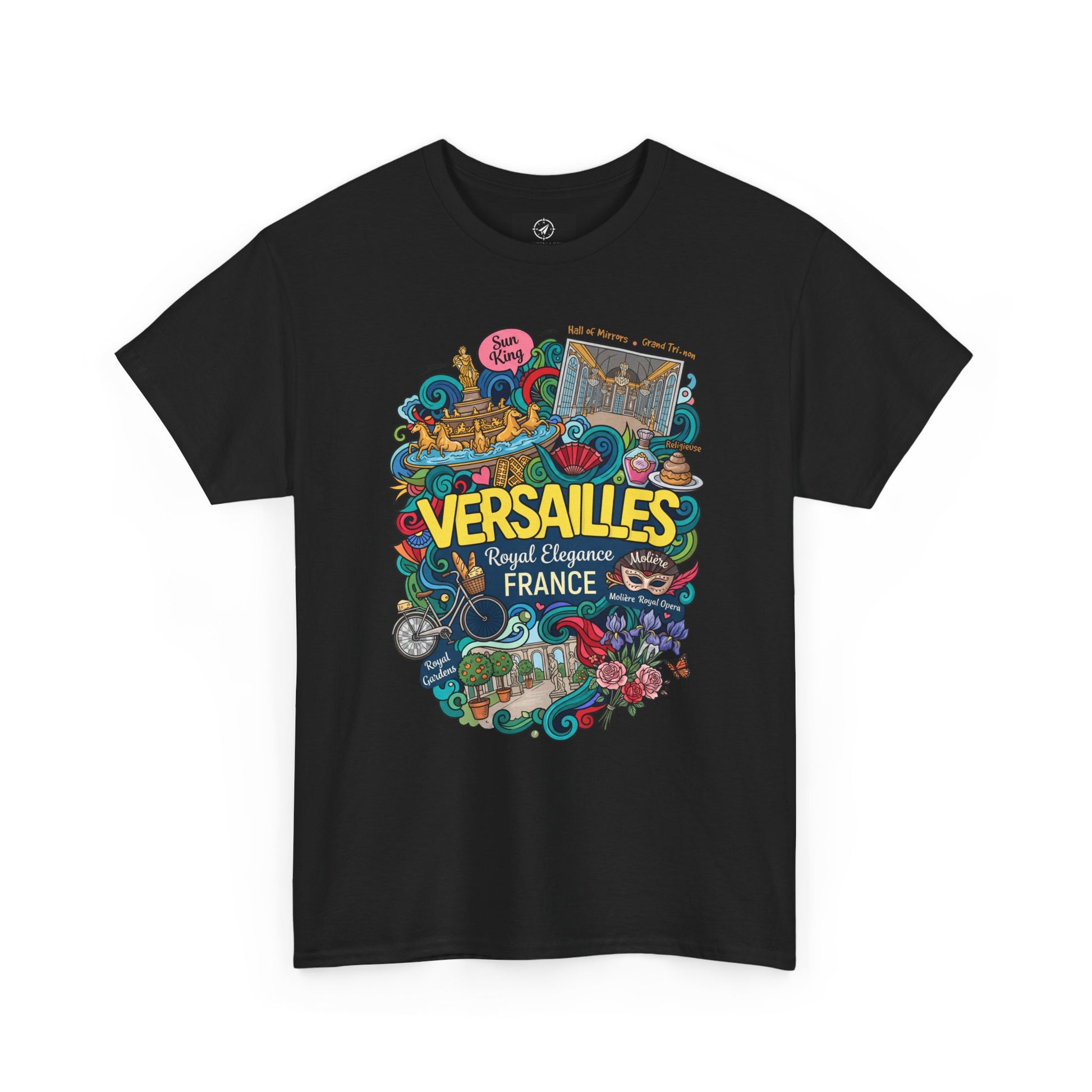 Black crew-neck short-sleeve T-shirt with colorful Versailles France graphic.