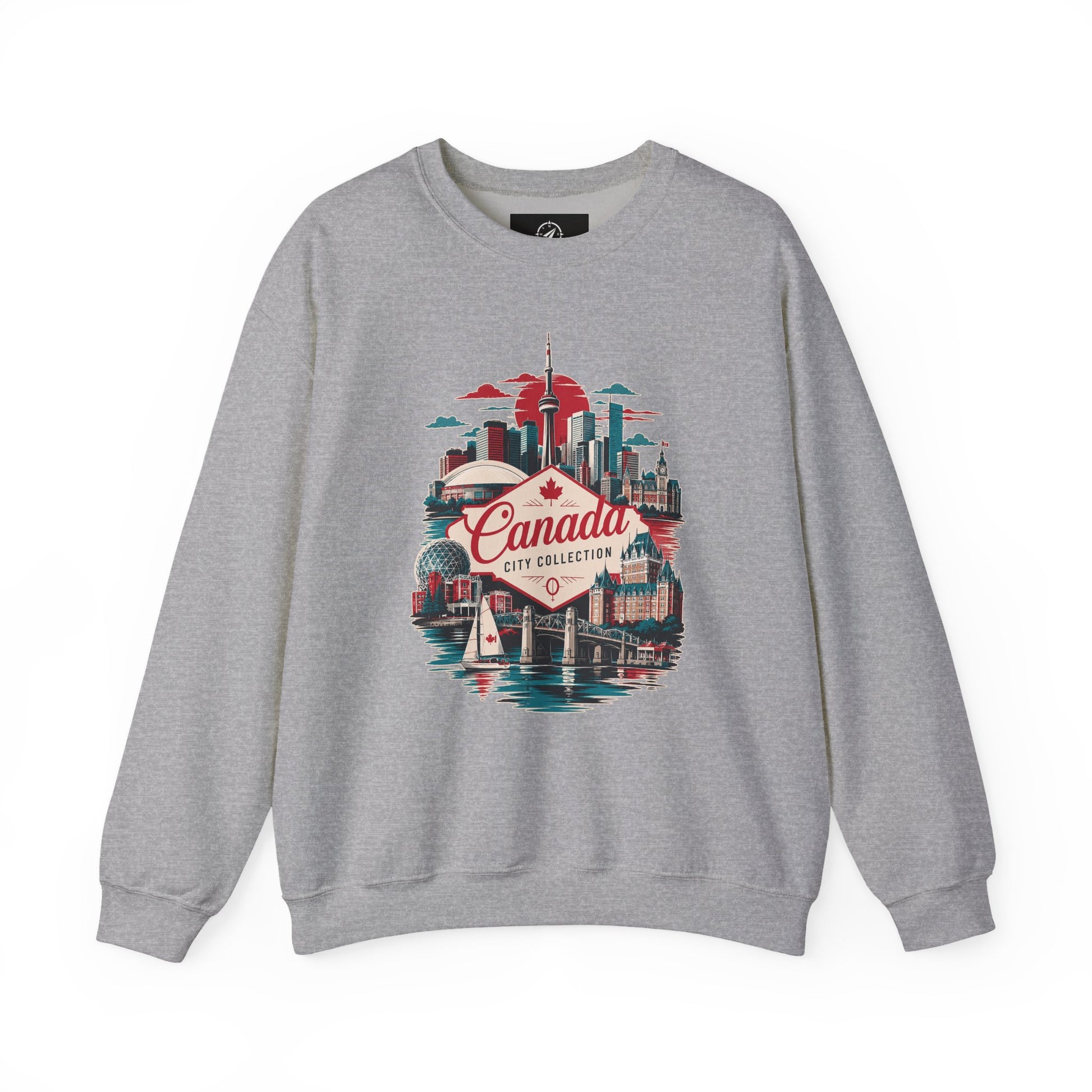 Sport grey crewneck sweatshirt with colorful Canada city skyline graphic on the chest.