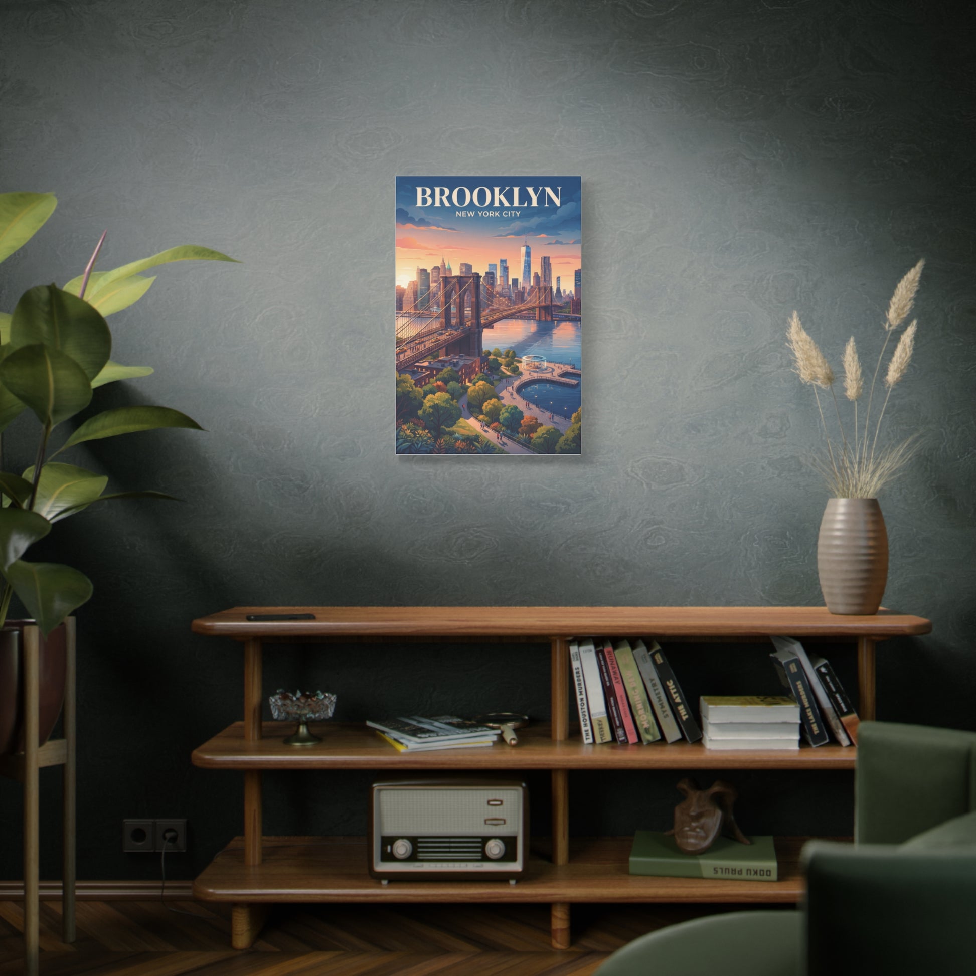 Matte canvas wall art featuring Brooklyn waterfront cityscape, bridge, and autumn trees