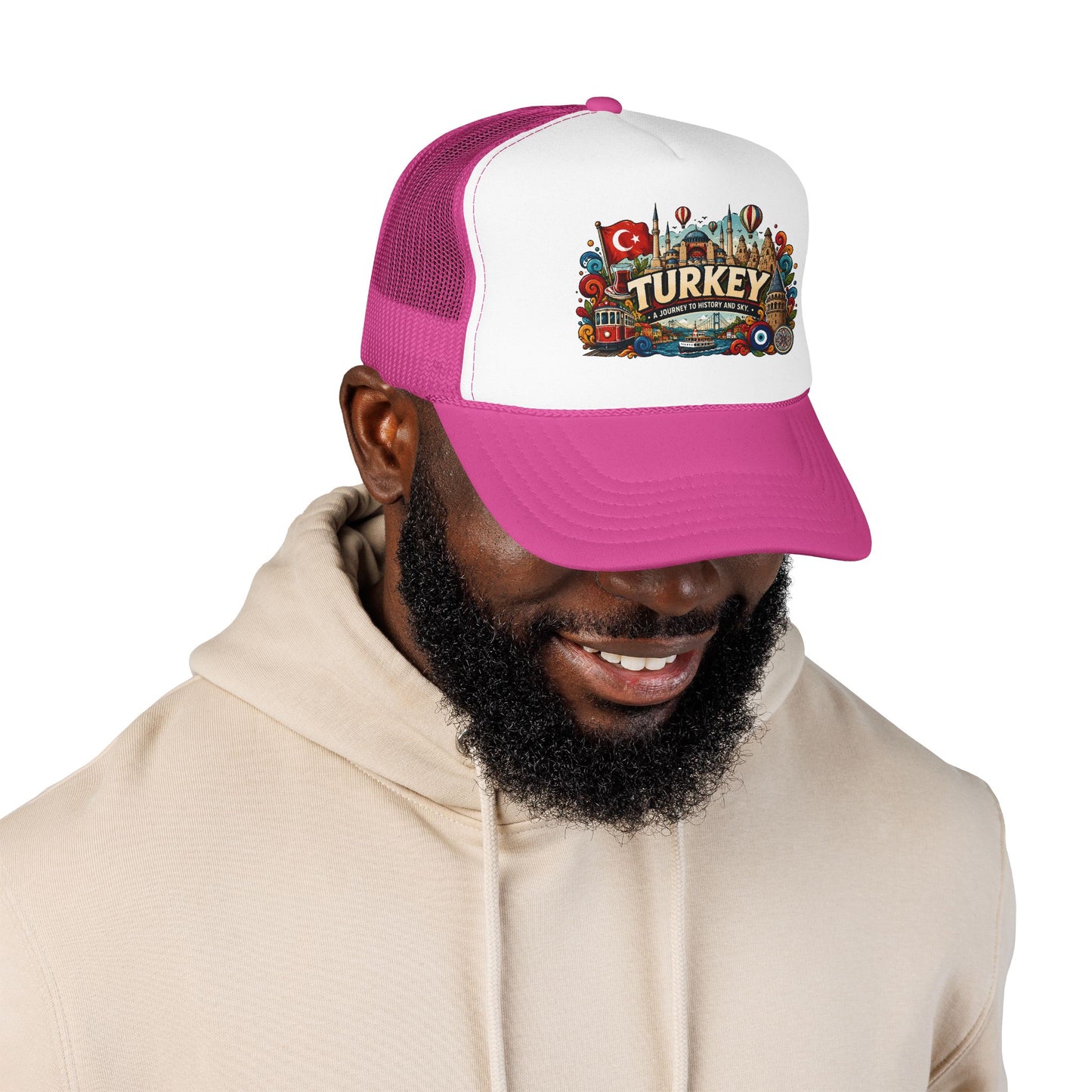 Pink and white trucker hat with magenta brim on smiling man