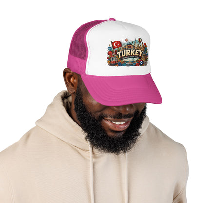Pink and white trucker hat with magenta brim on smiling man