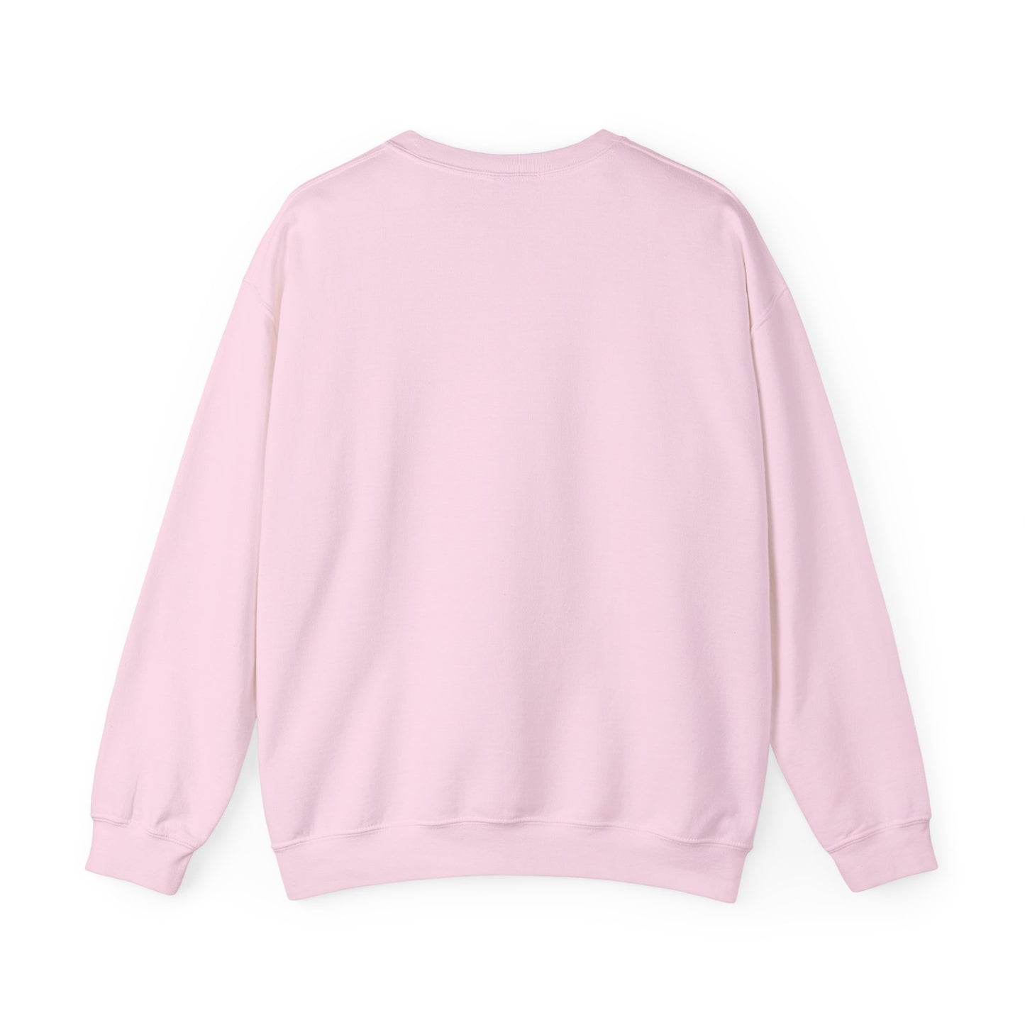 Light pink crewneck sweatshirt, plain back view with ribbed cuffs and hem