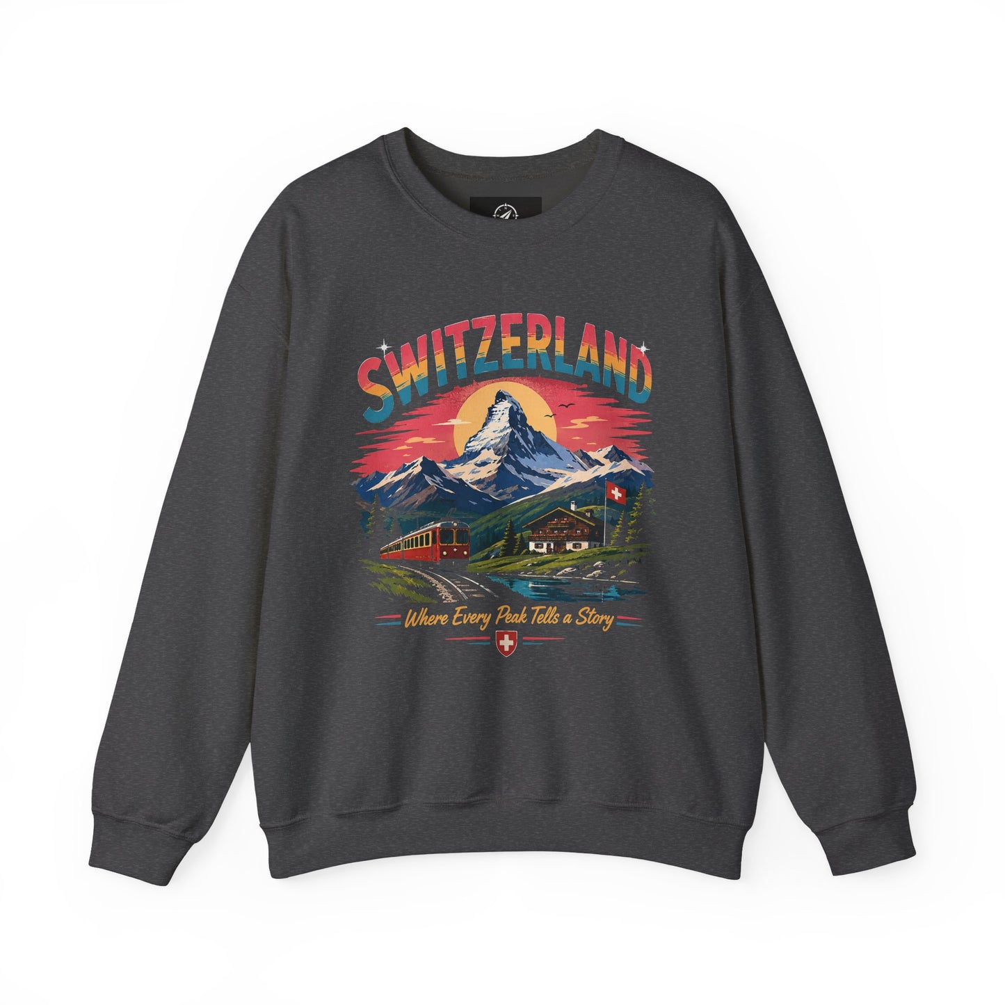 Dark heather crewneck sweatshirt with Switzerland graphic print on front