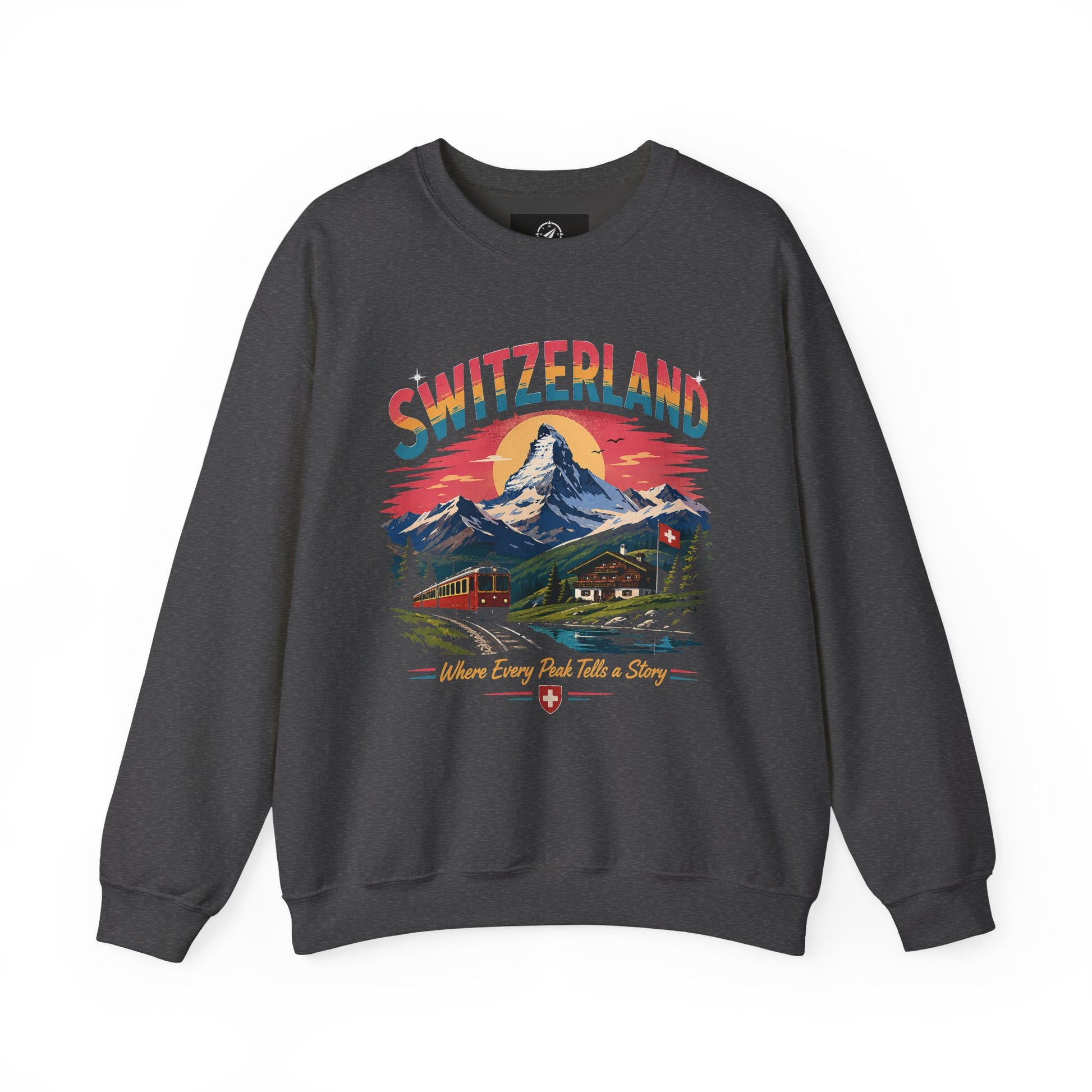 Dark heather crewneck sweatshirt with Switzerland graphic print on front