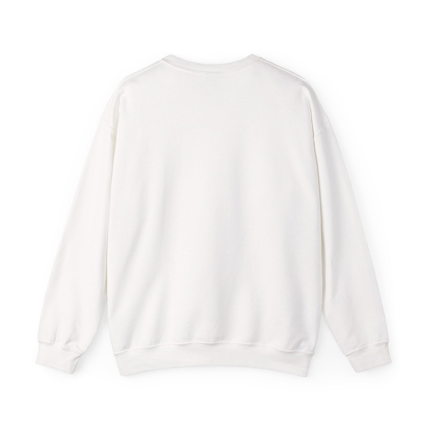 White crewneck sweatshirt, blank back view with long sleeves and ribbed cuffs