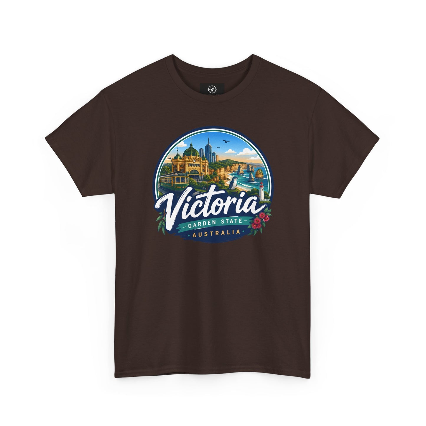 Dark brown travel tee with Victoria graphic logo on the chest
