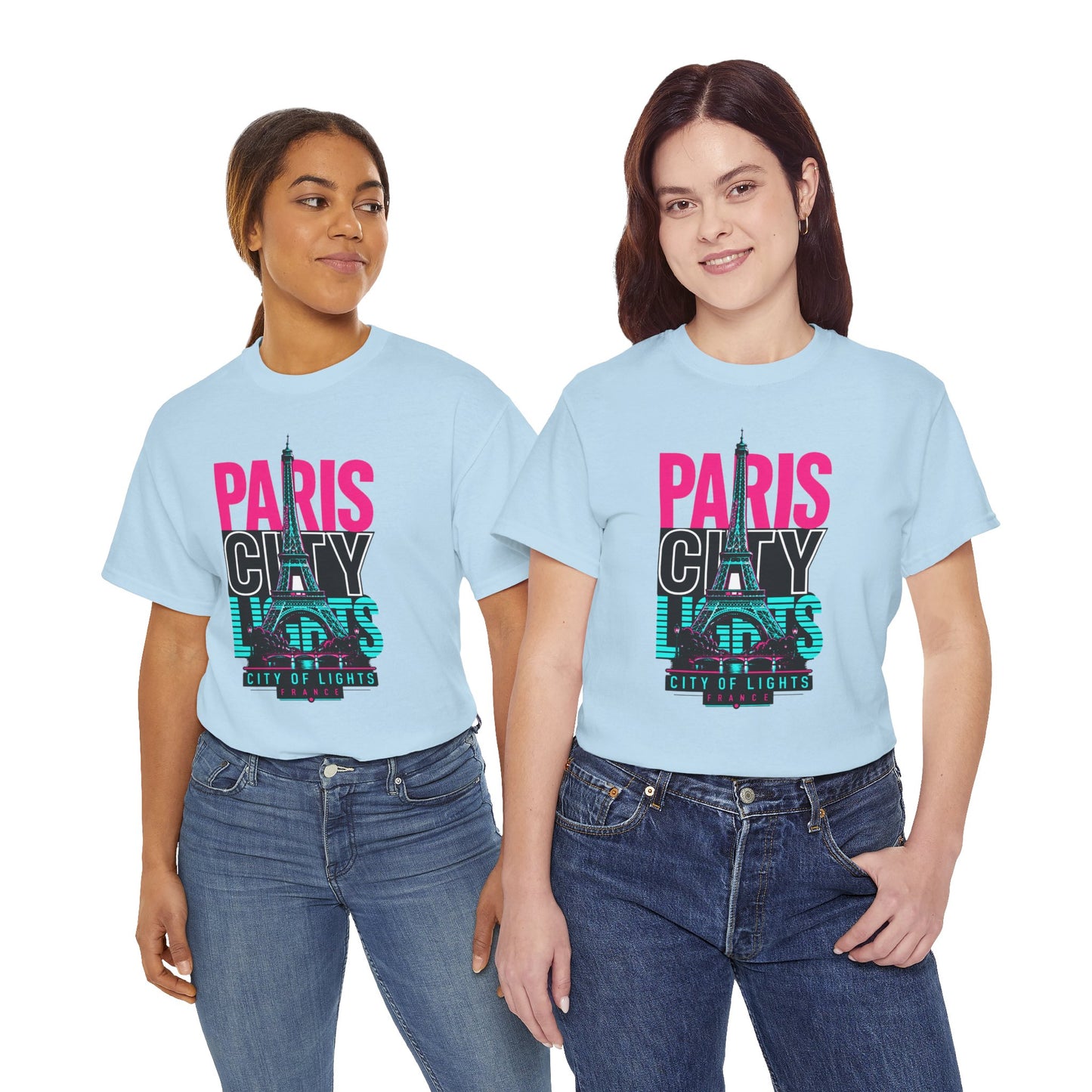 Light blue crewneck T-shirt with neon 'PARIS CITY' Eiffel graphic