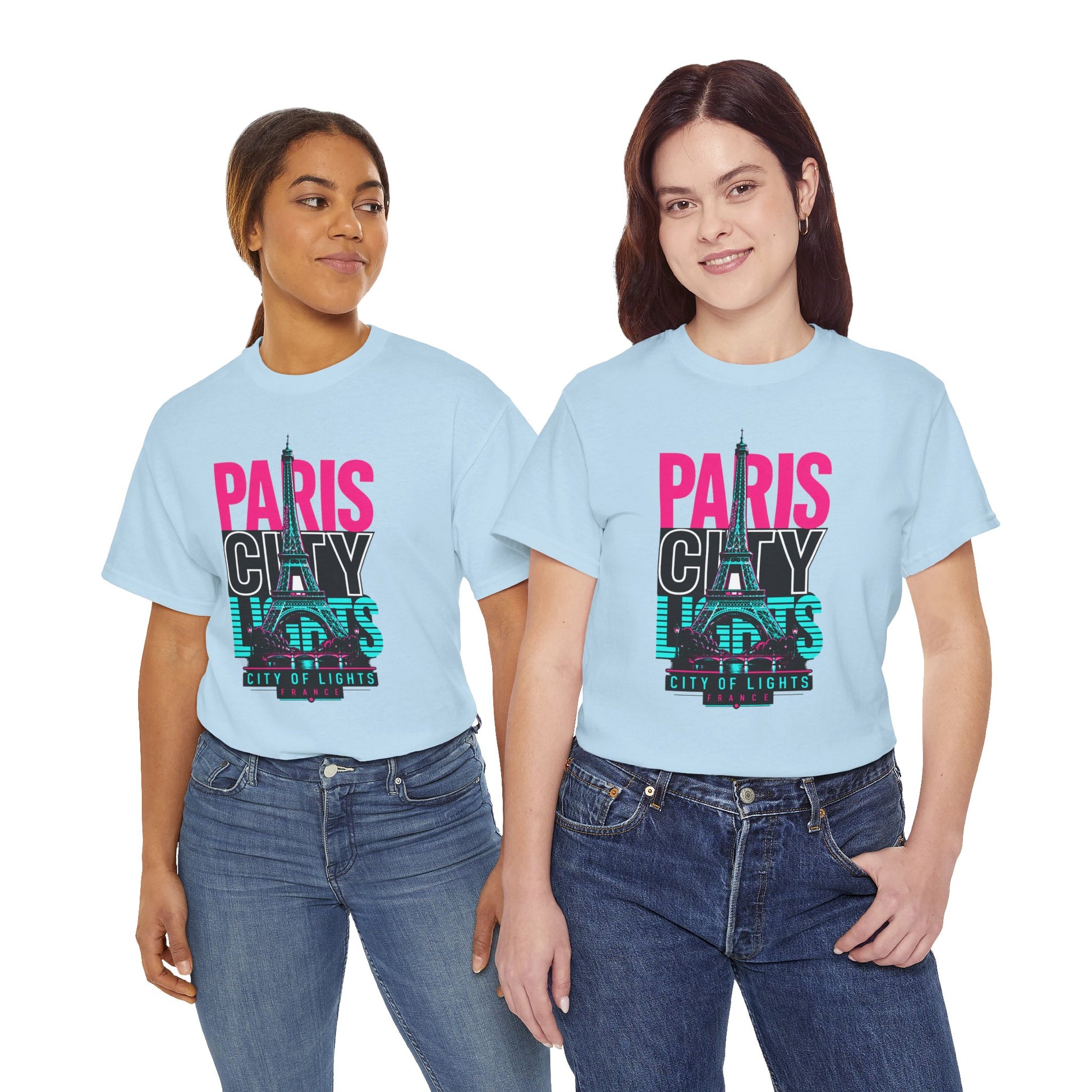Light blue crewneck T-shirt with neon 'PARIS CITY' Eiffel graphic