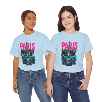 Light blue crewneck T-shirt with neon 'PARIS CITY' Eiffel graphic