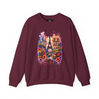 Maroon crewneck sweatshirt with watercolor Eiffel Tower and floral graphic, PARIS text