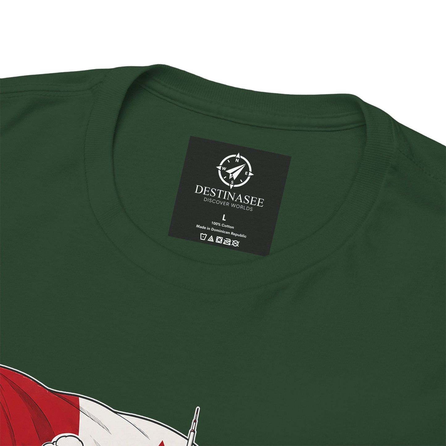 Dark green T-shirt neckline detail with small black brand tag patch