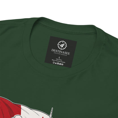 Dark green T-shirt neckline detail with small black brand tag patch