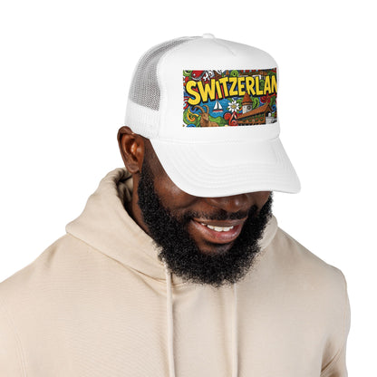 White mesh trucker hat on model, featuring colorful “SWITZERLAN” front graphic patch