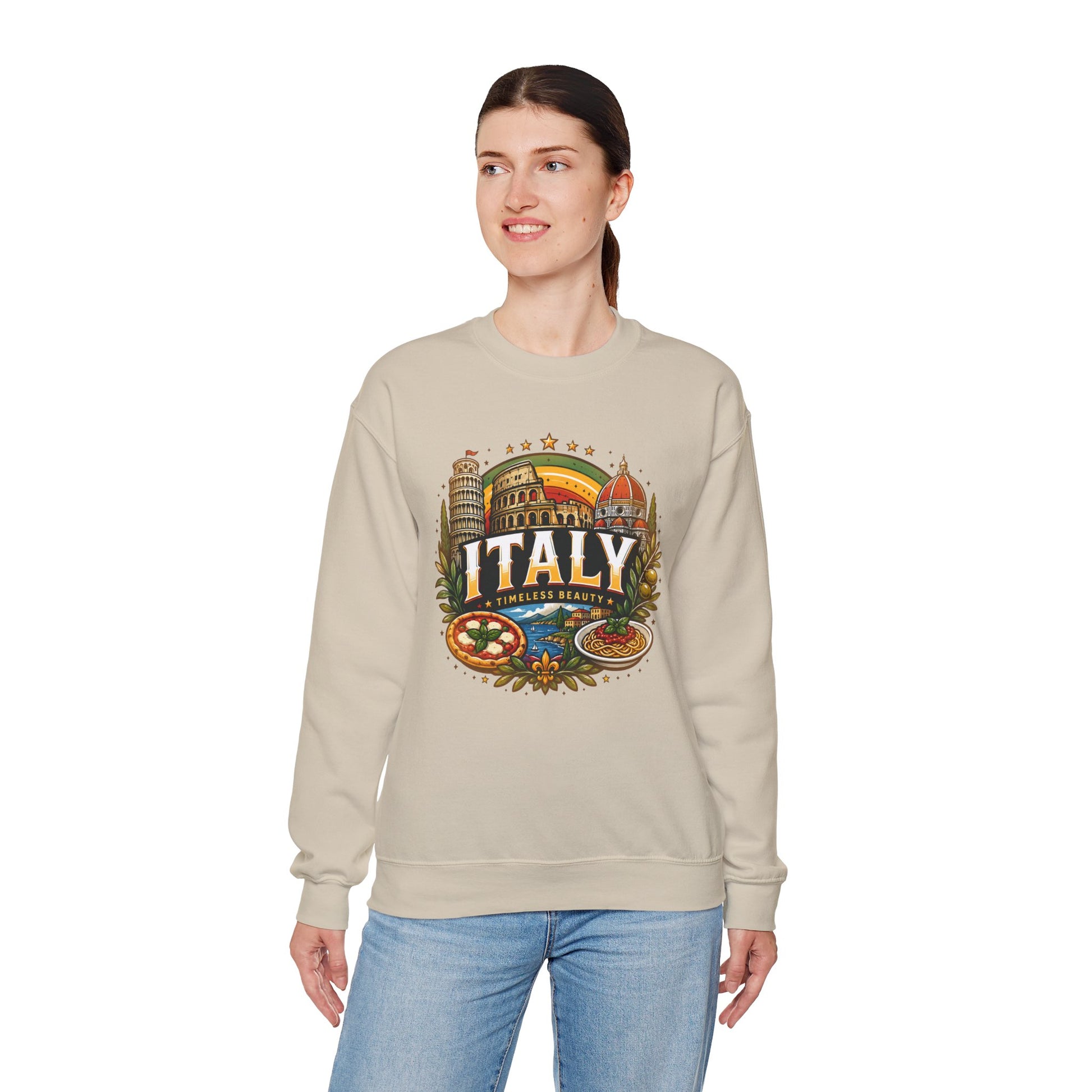 Light sand crewneck sweatshirt with colorful “Italy” graphic on the front