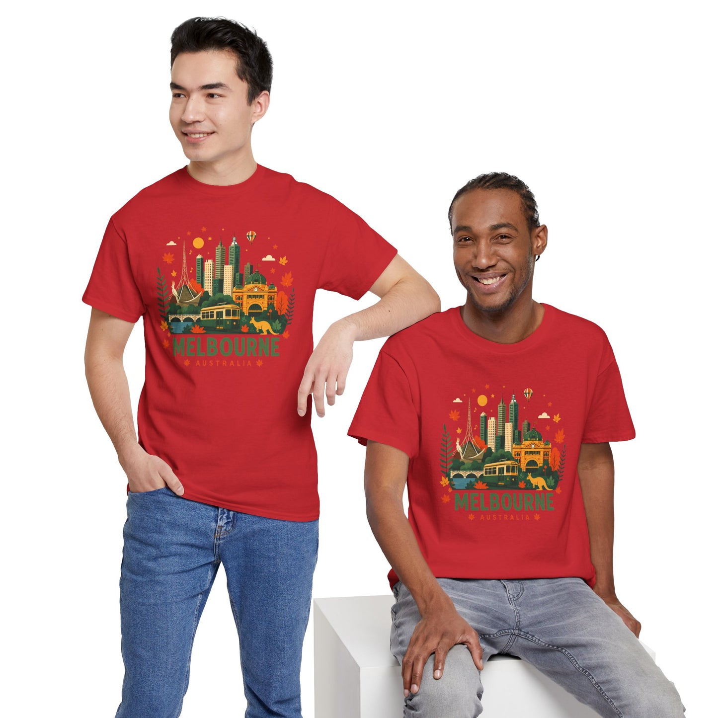 Red Melbourne skyline graphic T-shirt on two models, front view