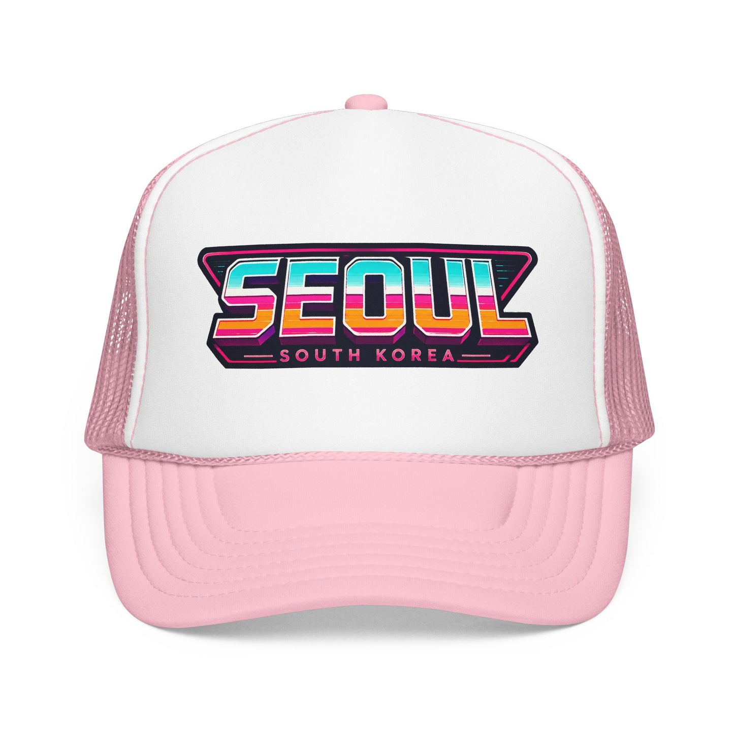 White and light pink trucker hat with SEOUl South Korea logo patch on front