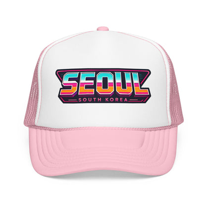 White and light pink trucker hat with SEOUl South Korea logo patch on front