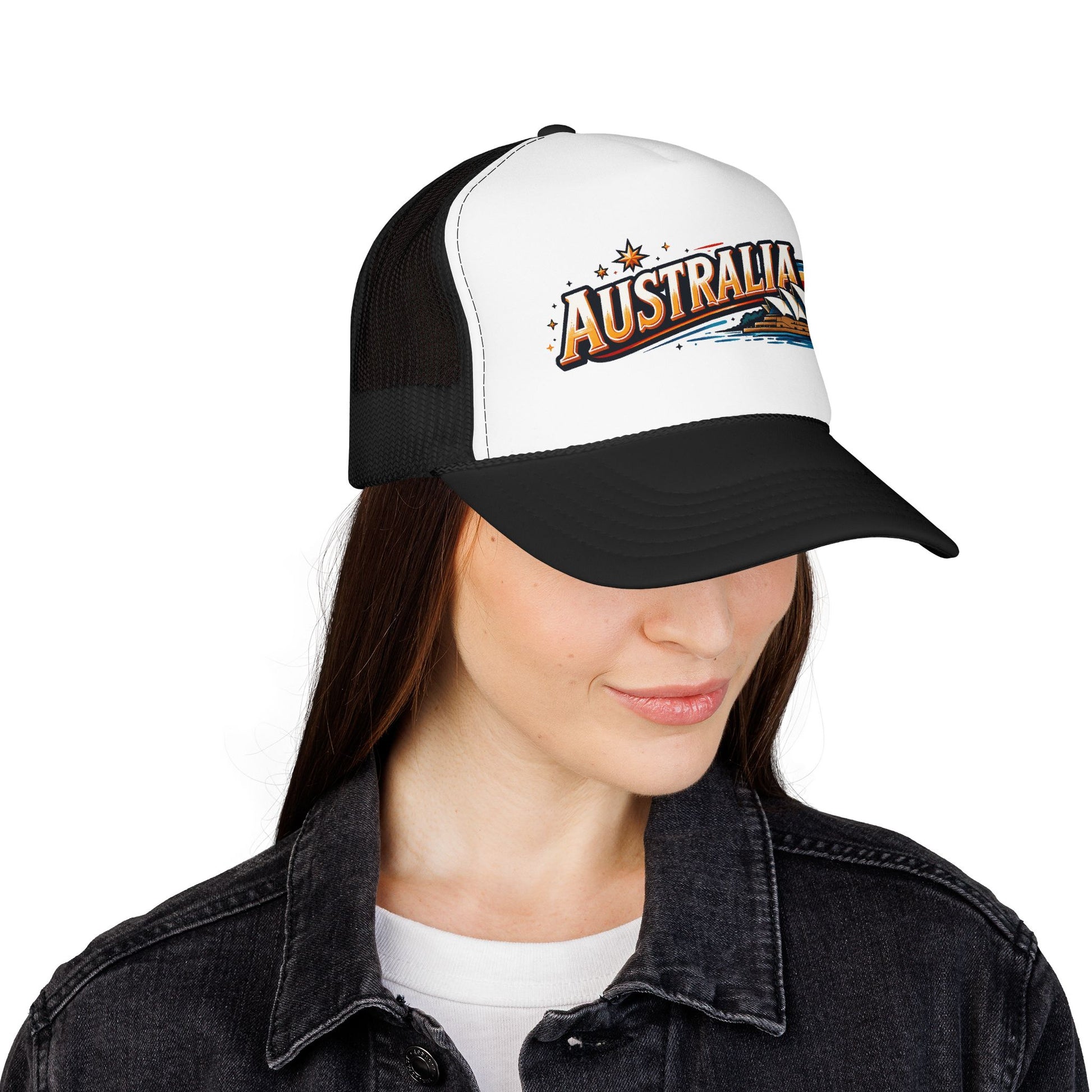 Black and white trucker cap on model with Australia front graphic