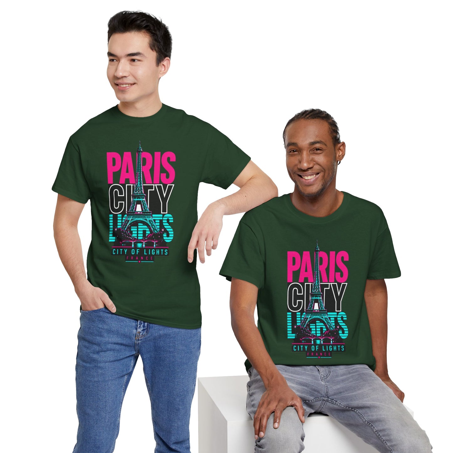 Dark green unisex travel T-shirt, Paris neon City of Lights graphic with Eiffel Tower