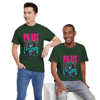 Dark green unisex travel T-shirt, Paris neon City of Lights graphic with Eiffel Tower