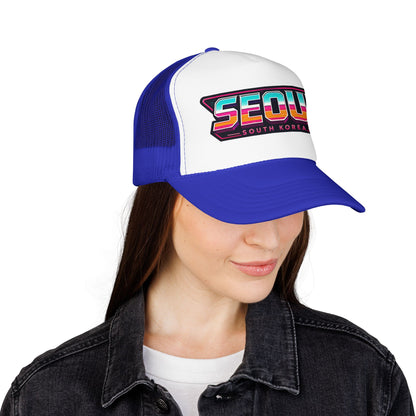Blue and white mesh trucker hat featuring the “SEOUL SOUTH KOREA” front logo.