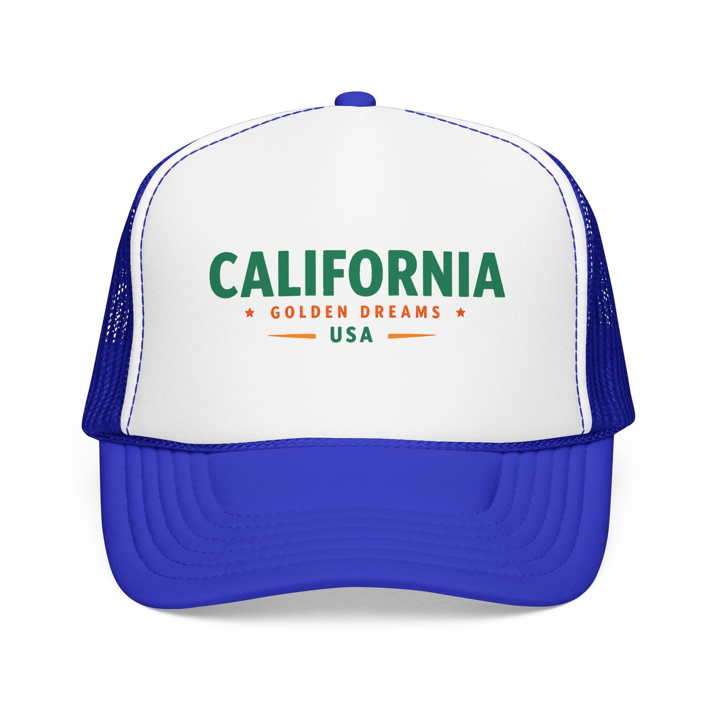 Two-tone trucker hat with white front, royal blue mesh sides, and green “California” logo