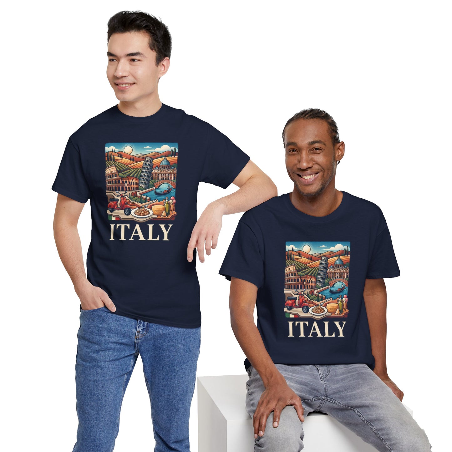 Two men wearing dark navy graphic T-shirts with Italy scenic print and “ITALY” text