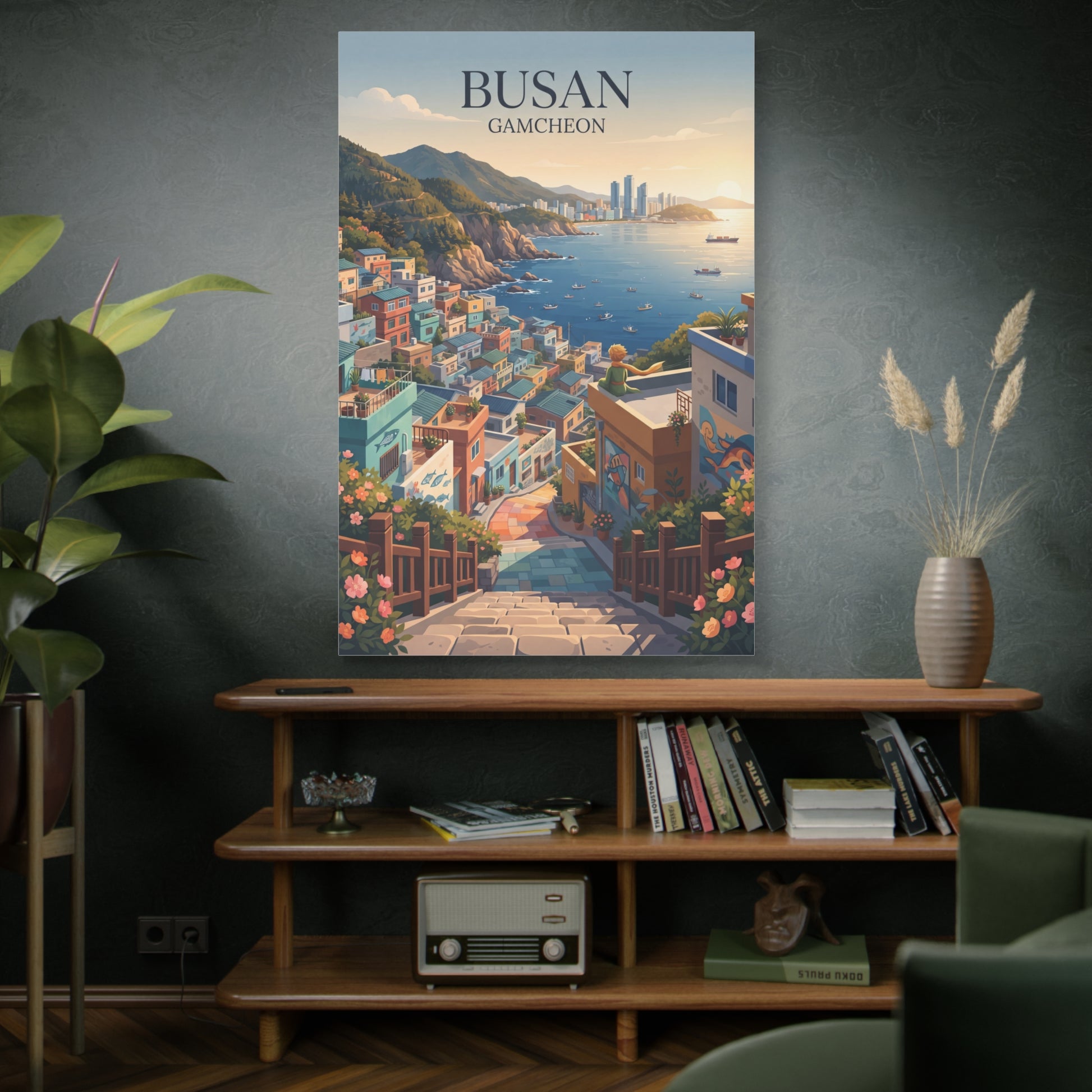 Matte canvas wall art: vertical Busan Gamcheon seaside alley with flowers and buildings