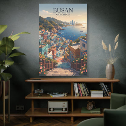 Matte canvas wall art: vertical Busan Gamcheon seaside alley with flowers and buildings