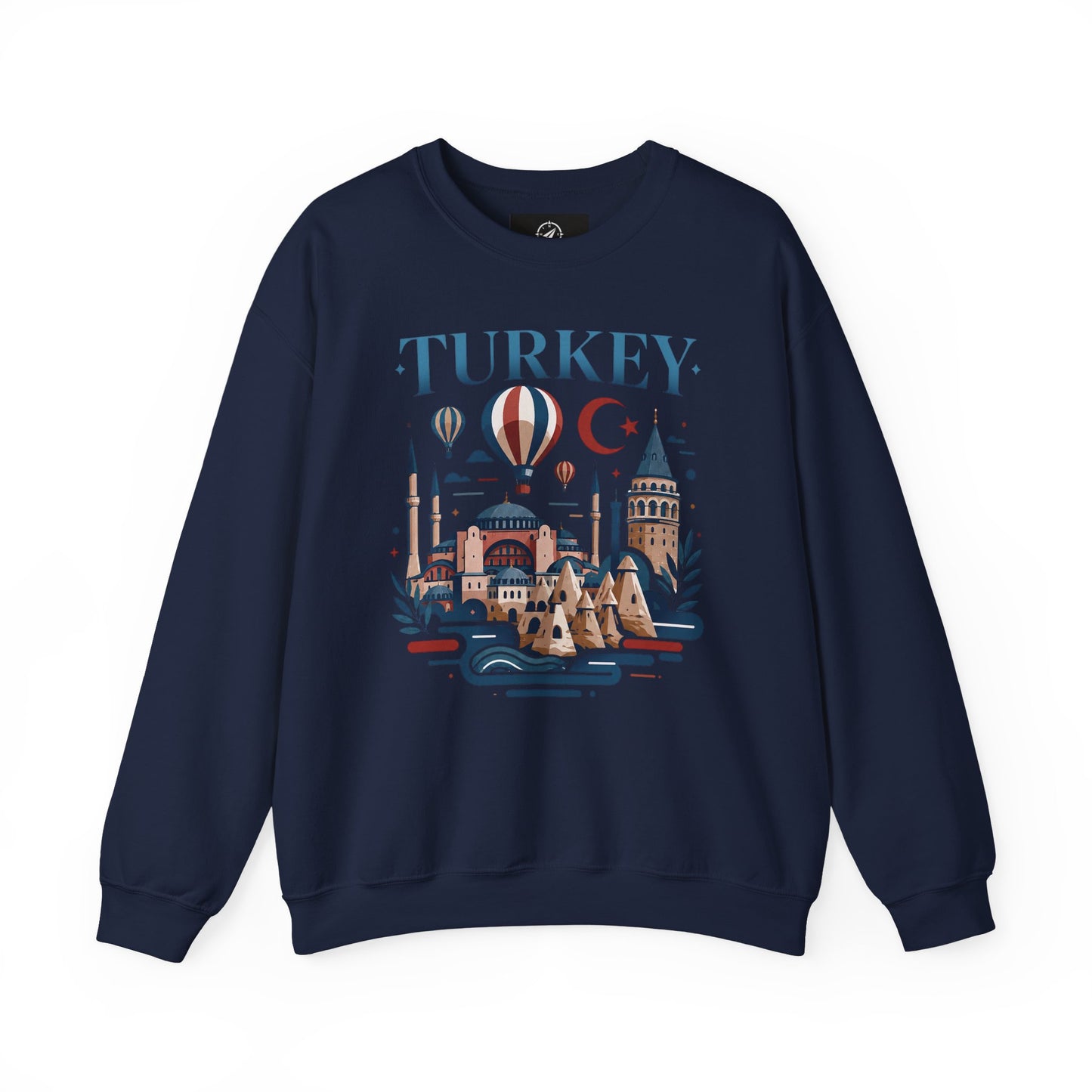 Navy turkey travel sweatshirt with long sleeves and colorful front graphic