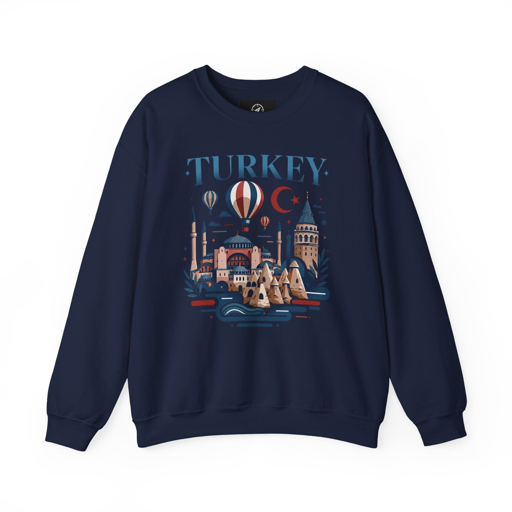 Navy turkey travel sweatshirt with long sleeves and colorful front graphic