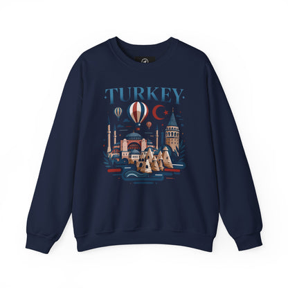 Navy turkey travel sweatshirt with long sleeves and colorful front graphic