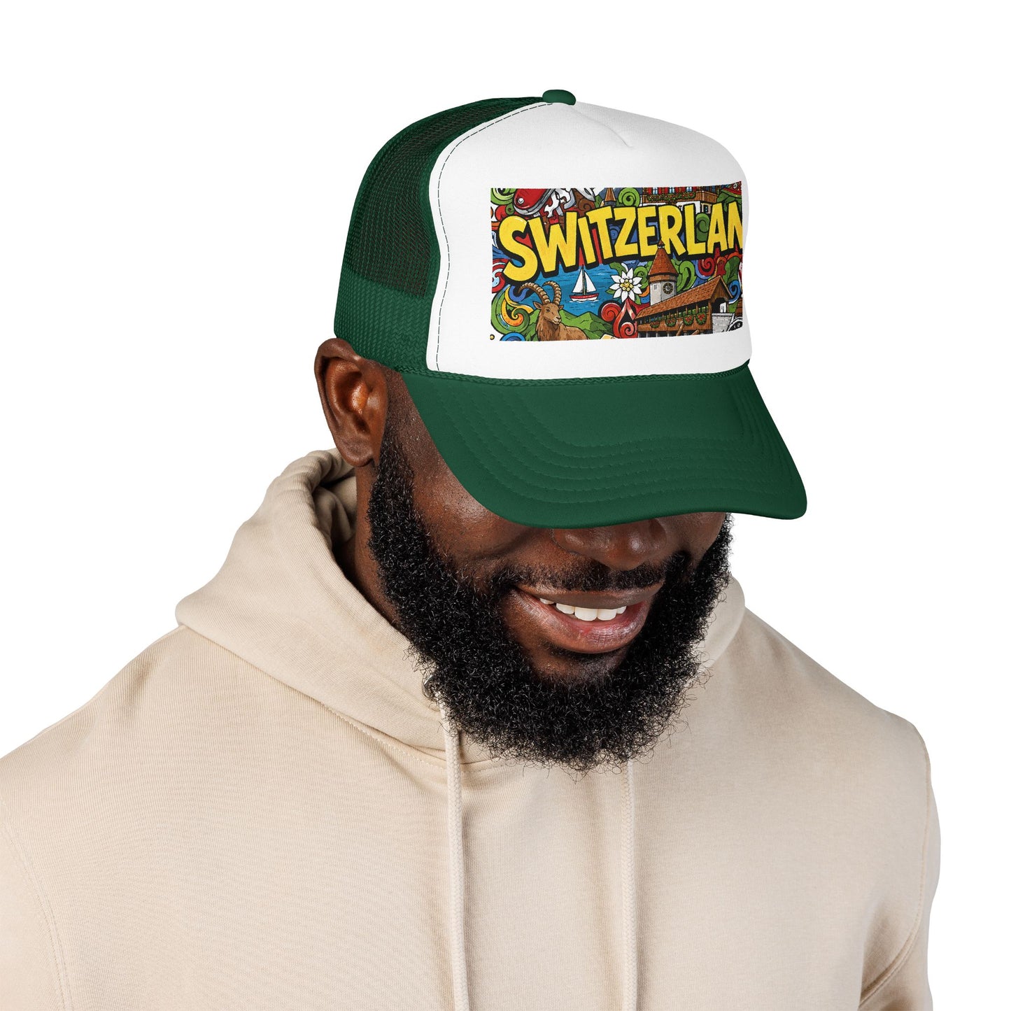 Dark green and white trucker hat with colorful Switzerland graphic patch, worn on head.