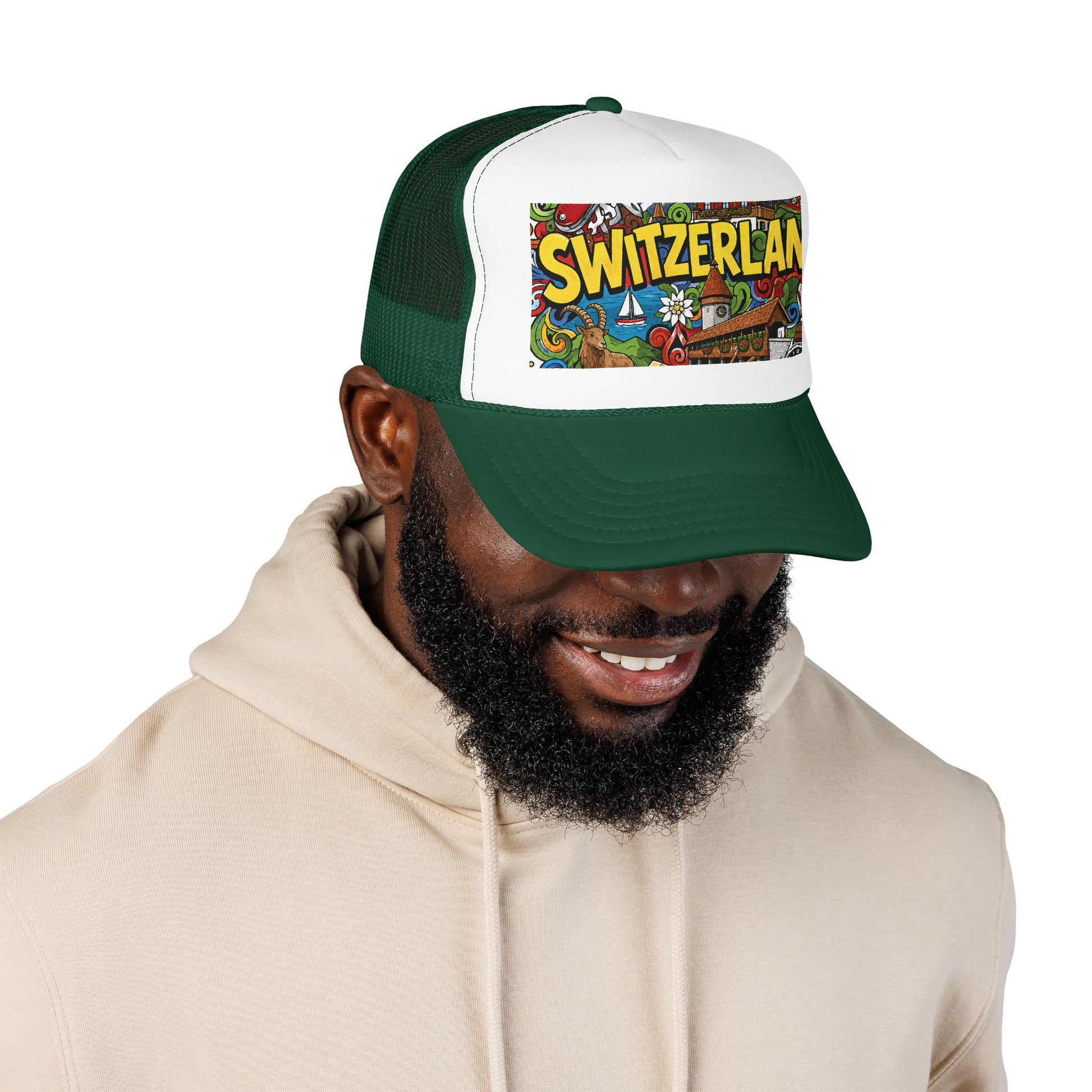 Dark green and white trucker hat with colorful Switzerland graphic patch, worn on head.