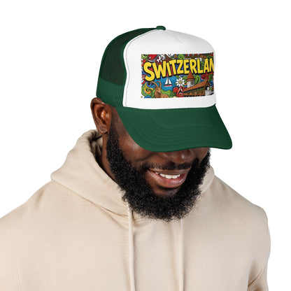 Dark green and white trucker hat with colorful Switzerland graphic patch, worn on head.