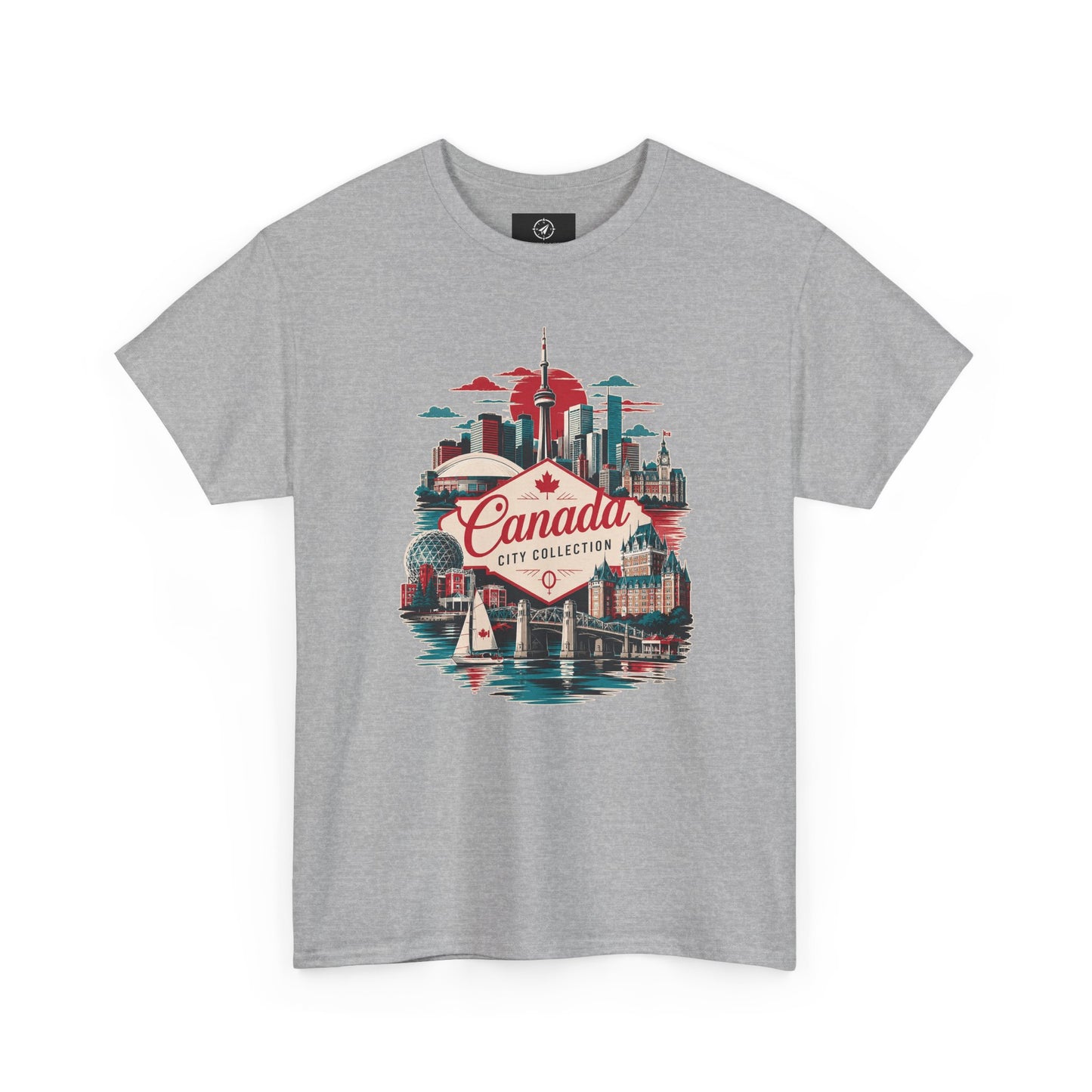 Heather grey crewneck T-shirt with Canada city skyline graphic in red and teal