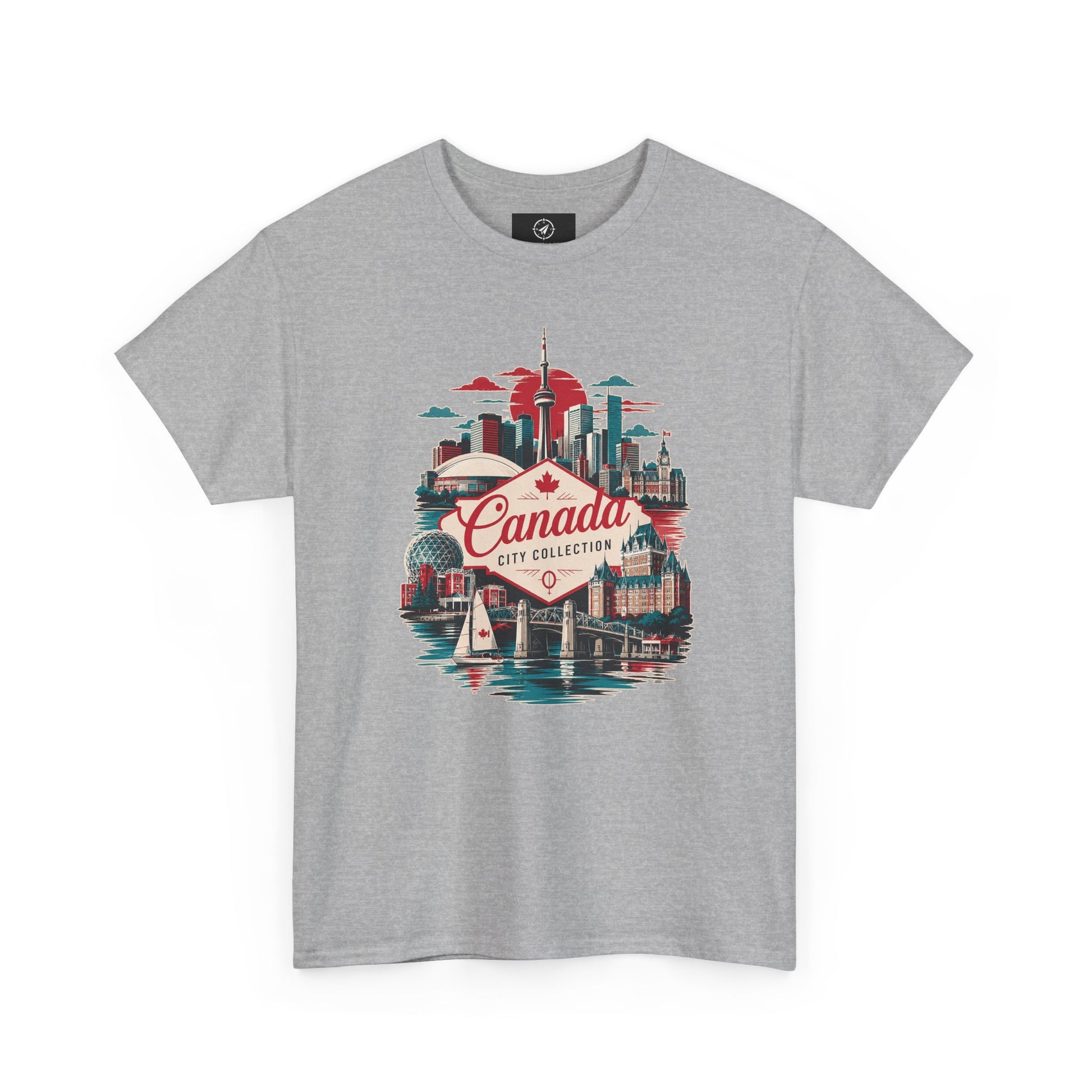 Heather grey crewneck T-shirt with Canada city skyline graphic in red and teal