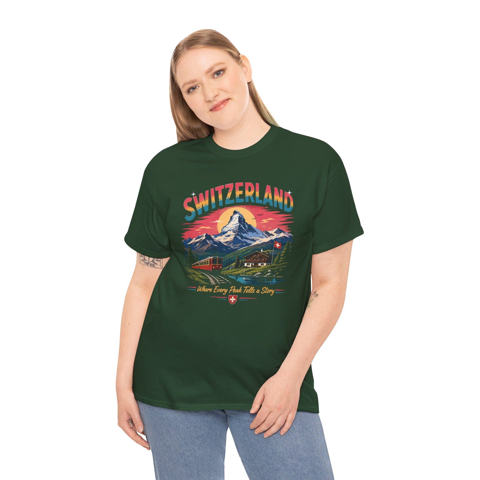 Forest green crew-neck vintage T-shirt with Switzerland mountain scene graphic on model