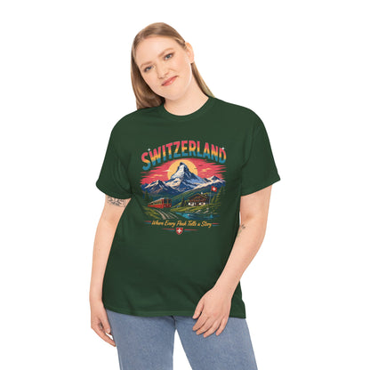 Forest green crew-neck vintage T-shirt with Switzerland mountain scene graphic on model