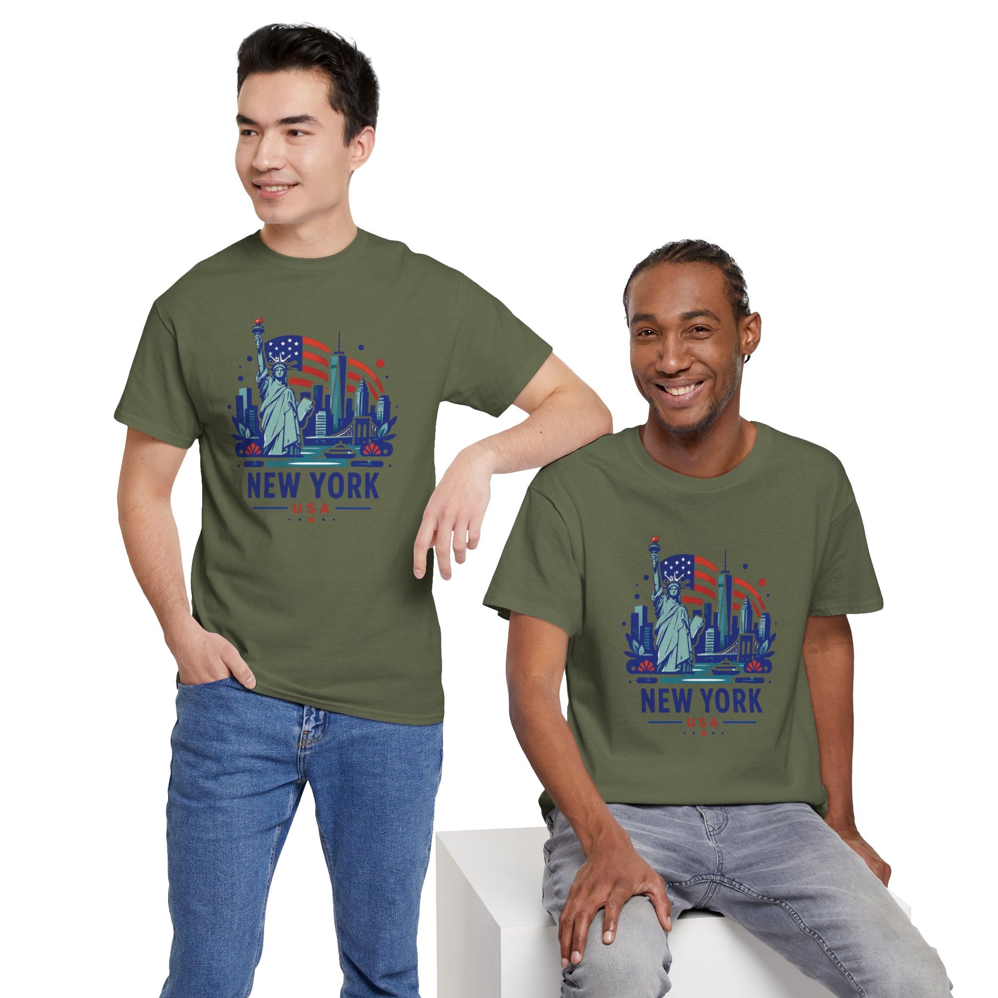 Olive green crewneck T-shirt with 'NEW YORK USA' graphic, worn by two men.
