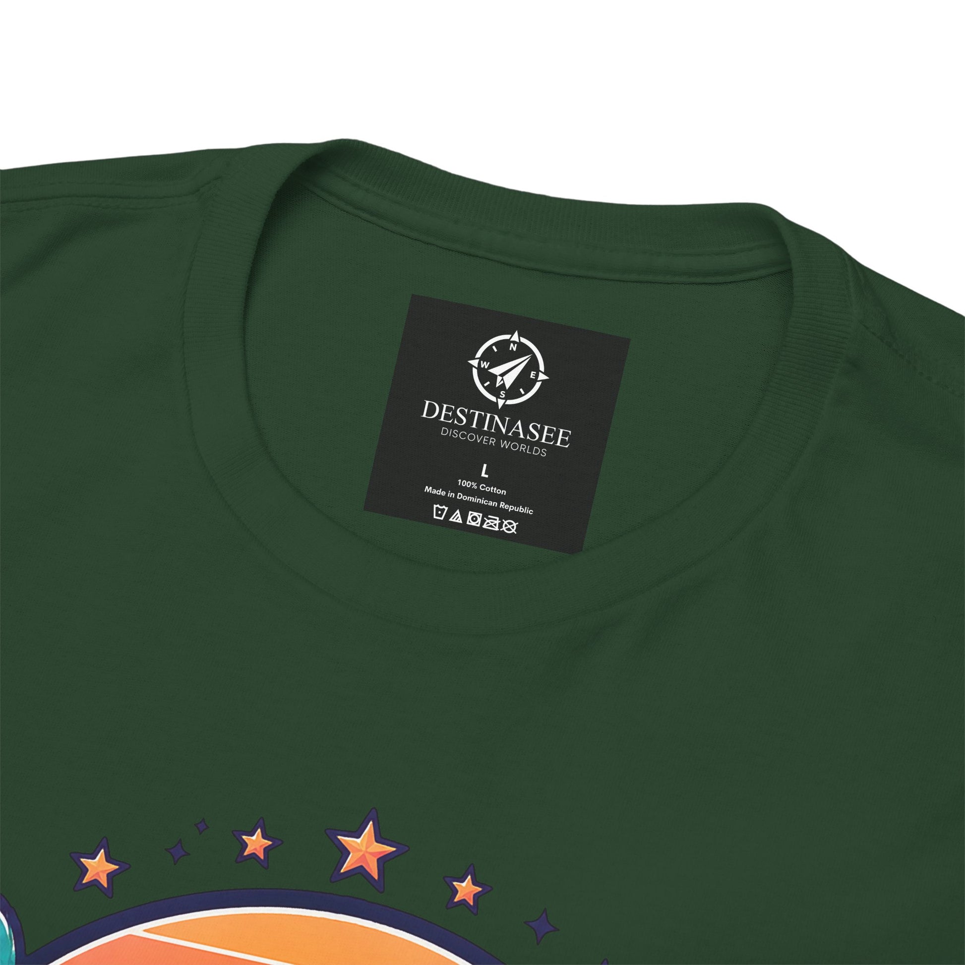 Dark green T-shirt back with small neck label and star and rainbow graphic