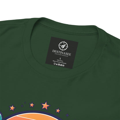 Dark green T-shirt back with small neck label and star and rainbow graphic