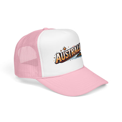 Trucker cap in light pink and white mesh with Australia patch logo on front