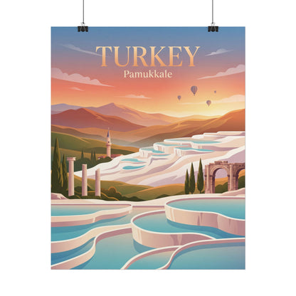 Vertical travel poster reading “TURKEY” and “Pamukkale” with turquoise pool curves and arch