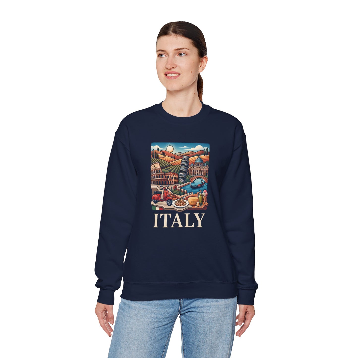 Italy travel sweatshirt, navy crewneck with colorful “ITALY” graphic on the front