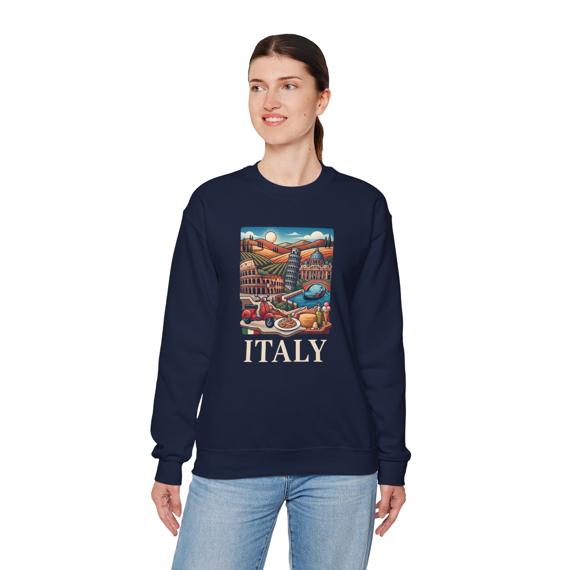 Italy travel sweatshirt, navy crewneck with colorful “ITALY” graphic on the front