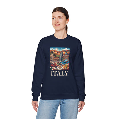 Italy travel sweatshirt, navy crewneck with colorful “ITALY” graphic on the front