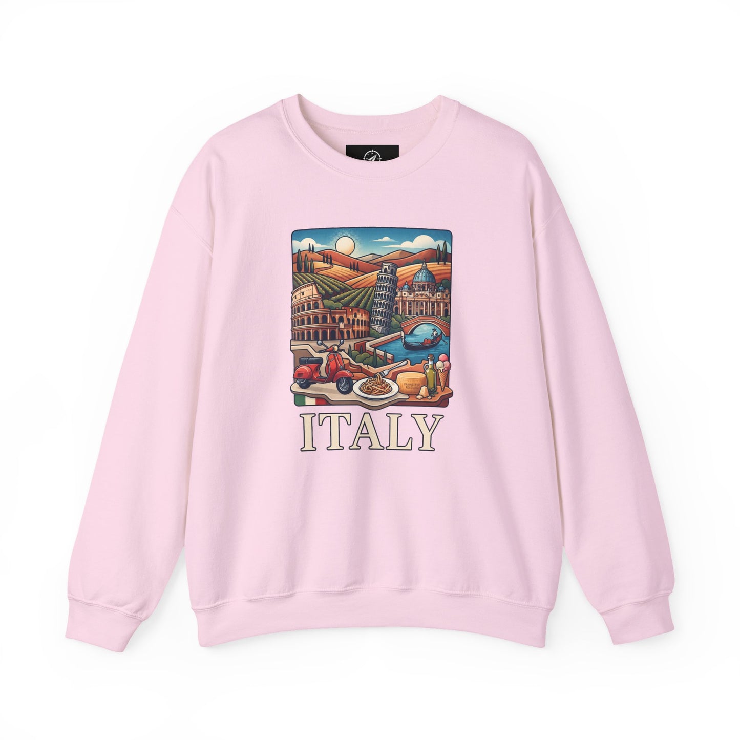 Light pink crewneck sweatshirt with colorful 'ITALY' graphic on the chest