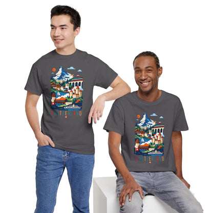 Charcoal gray T-shirt with colorful Switzerland village graphic and “SWITZERLAND” text